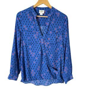 Anthropologie Maeve Eva Faux Wrap Blue‎ Printed Blouse Long Sleeve, Size 2